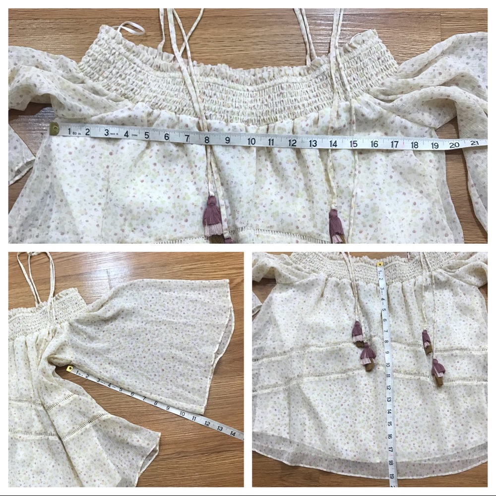 Rebecca Minkoff Strappy Off Shoulder Smocked Flowy Boho Top Tassel Tie Blouse - Picture 8 of 8